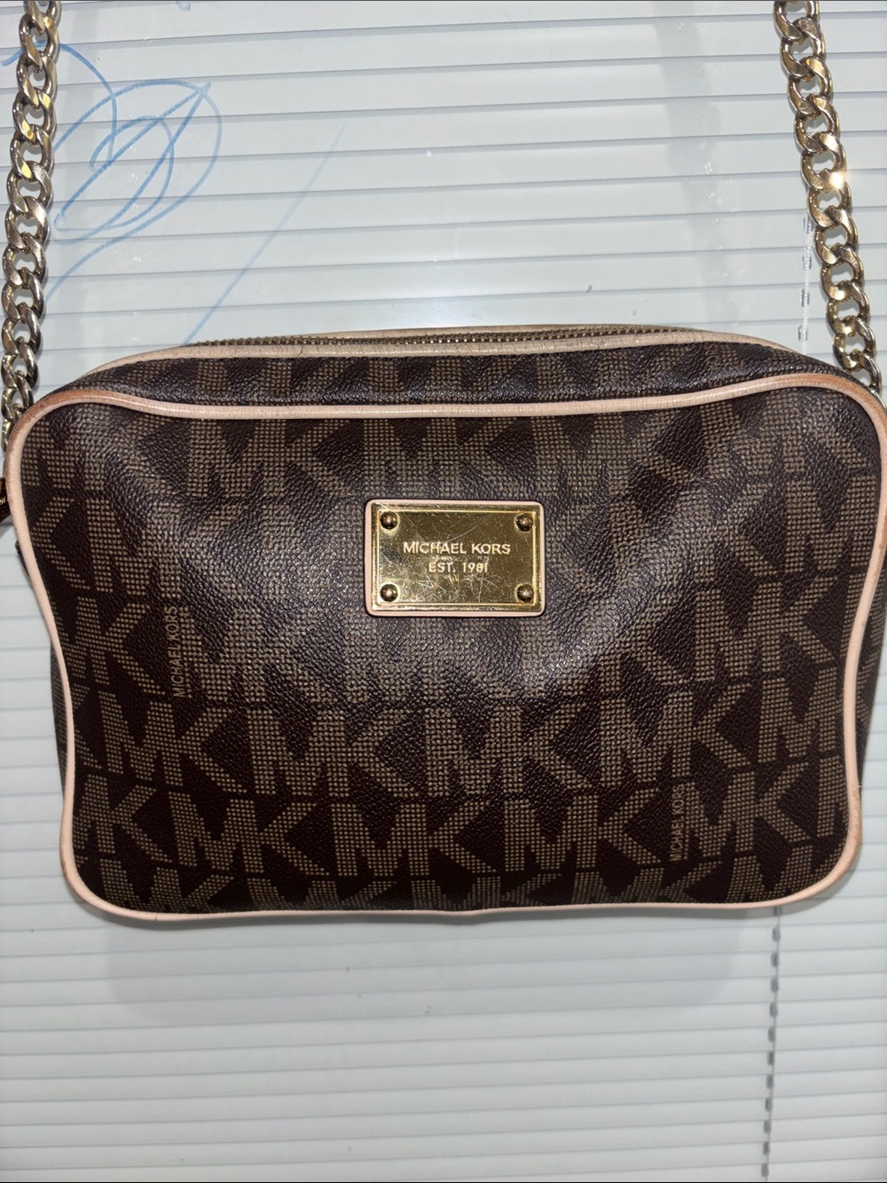 Michael Kors Brown and Pink Trim Signature Crossbody with Gold Plate